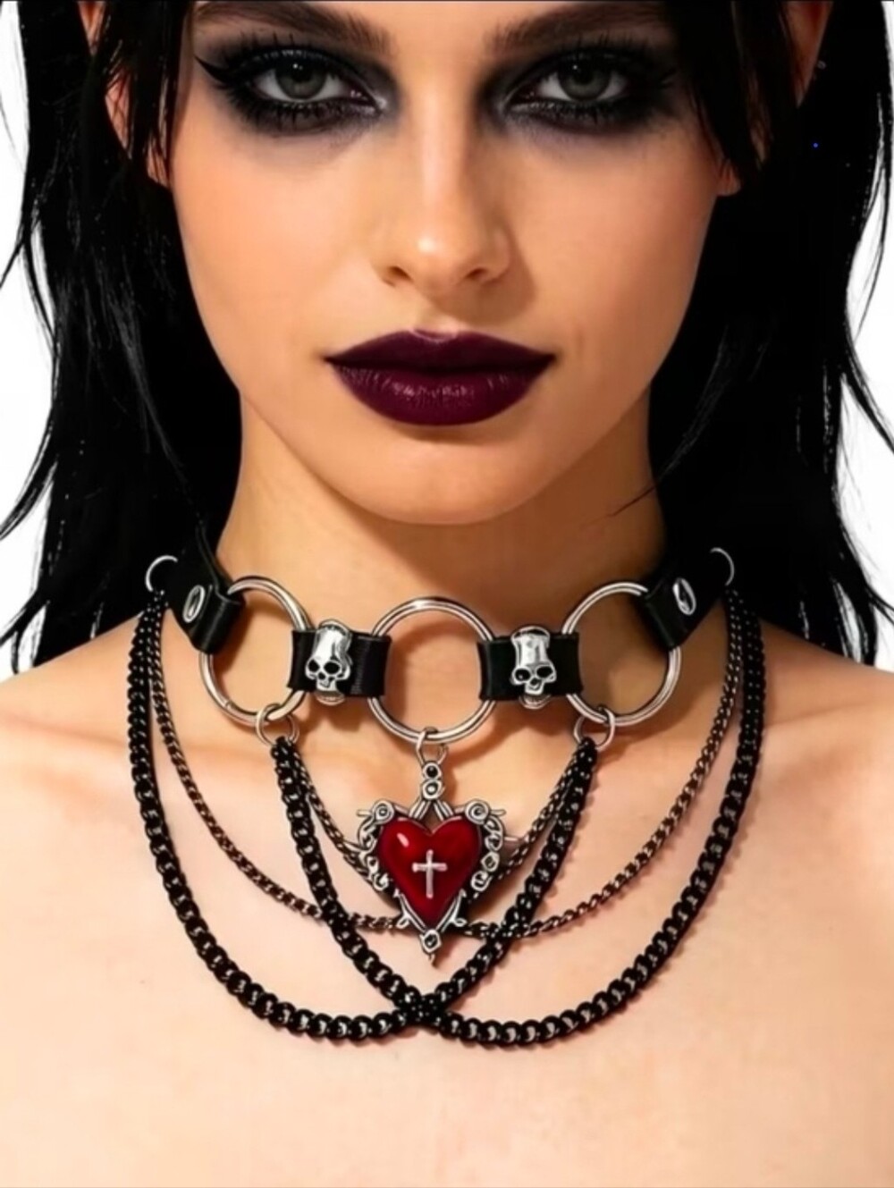 Trendy Gothic Punk Heart Cross Pendant Multi-Layer Chain PU Necklace Choker
